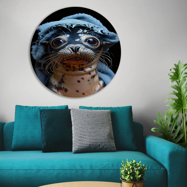 Zeehondje in een blauwe handdoek aluminium muurcirkel