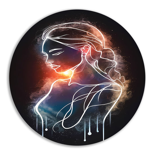 Silhouet van Vrouw en Kosmos in Symbiose aluminium muurcirkel