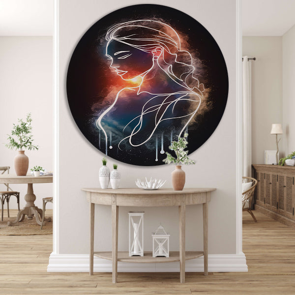 Silhouet van Vrouw en Kosmos in Symbiose aluminium muurcirkel