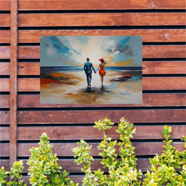 Romantische Strandwandeling met Kleurrijk Paar tuinposter