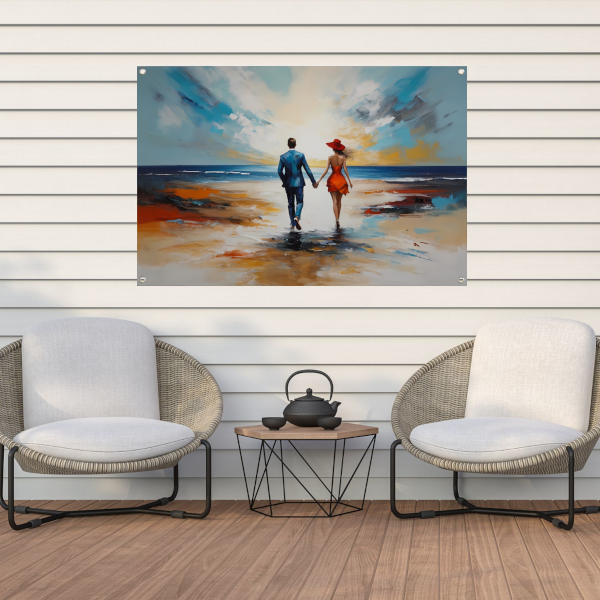 Romantische Strandwandeling met Kleurrijk Paar tuinposter