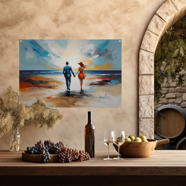 Romantische Strandwandeling met Kleurrijk Paar tuinposter