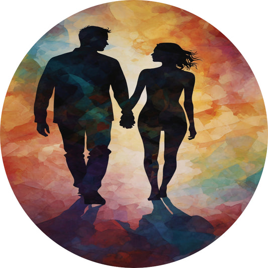 Kleurrijk silhouet van een liefdevol paar forex muurcirkel