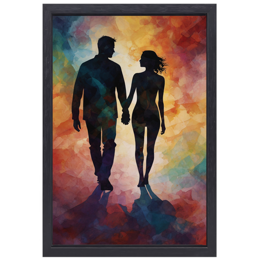 Kleurrijk silhouet van een liefdevol paar canvas met baklijst
