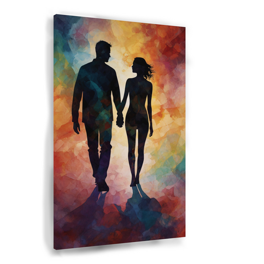 Kleurrijk silhouet van een liefdevol paar canvas