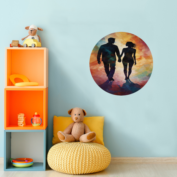 Kleurrijk silhouet van een liefdevol paar forex muurcirkel