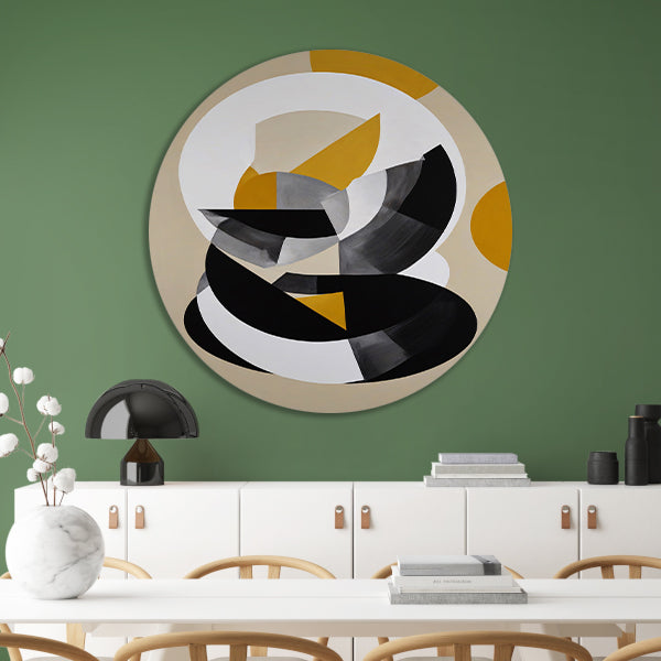 Abstract Geometrisch Spel in Zwart, Wit, Geel aluminium muurcirkel