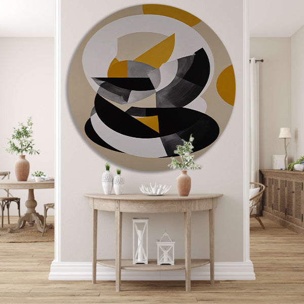 Abstract Geometrisch Spel in Zwart, Wit, Geel aluminium muurcirkel