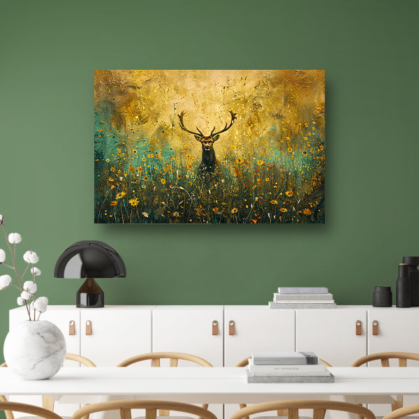 Majestueus hert in kleurrijk bloemenveld schilderij poster