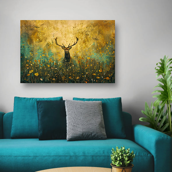 Majestueus hert in kleurrijk bloemenveld schilderij canvas