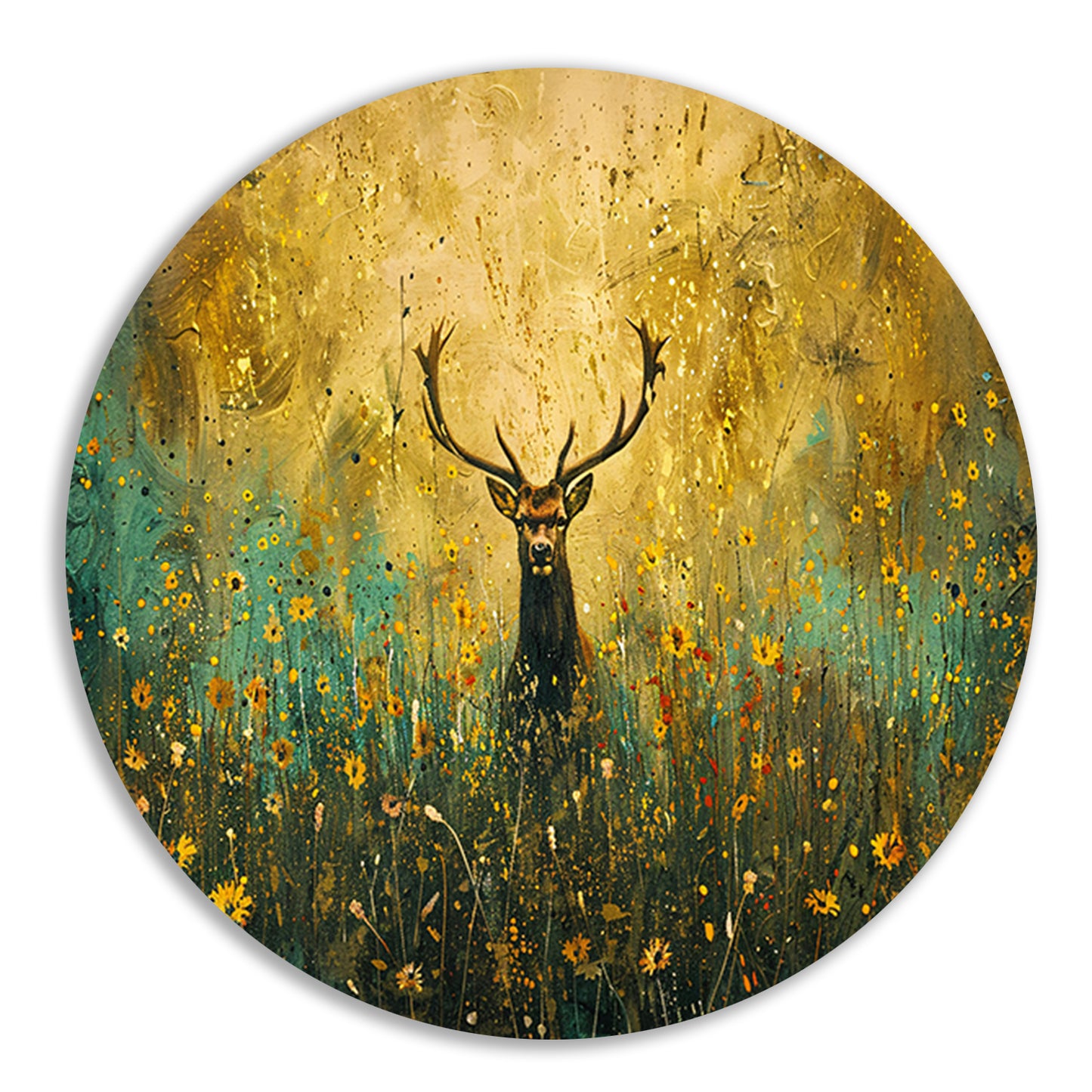 Majestueus hert in kleurrijk bloemenveld schilderij aluminium muurcirkel