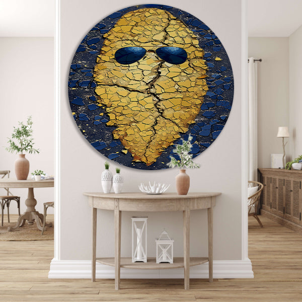 Gouden Aardappel met Zonnebril op Blauwe Achtergrond aluminium muurcirkel