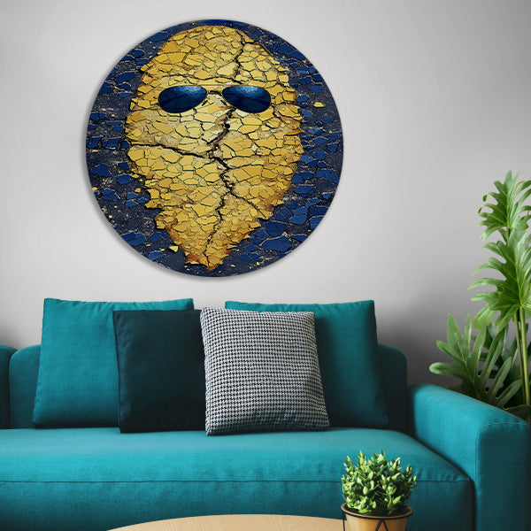 Gouden Aardappel met Zonnebril op Blauwe Achtergrond aluminium muurcirkel