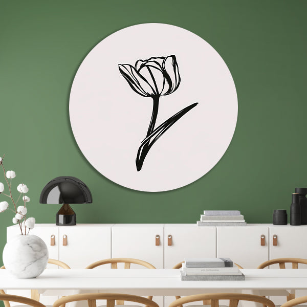 Minimalistische Zwarte Tulp op Wit aluminium muurcirkel