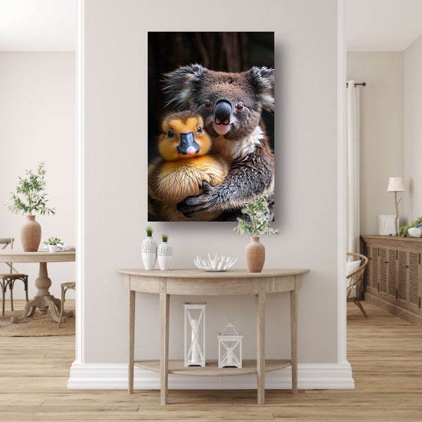 Koala en eend knuffelen in de natuur canvas