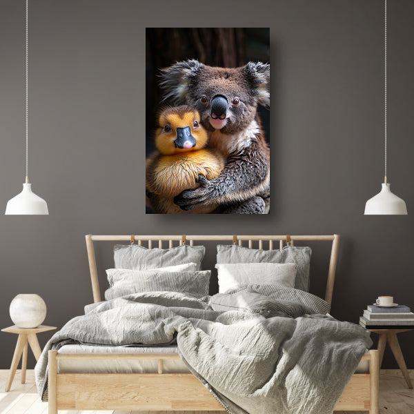 Koala en eend knuffelen in de natuur canvas