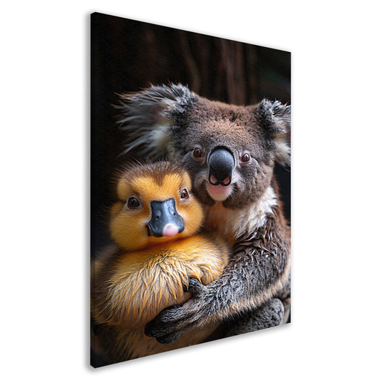 Koala en eend knuffelen in de natuur canvas