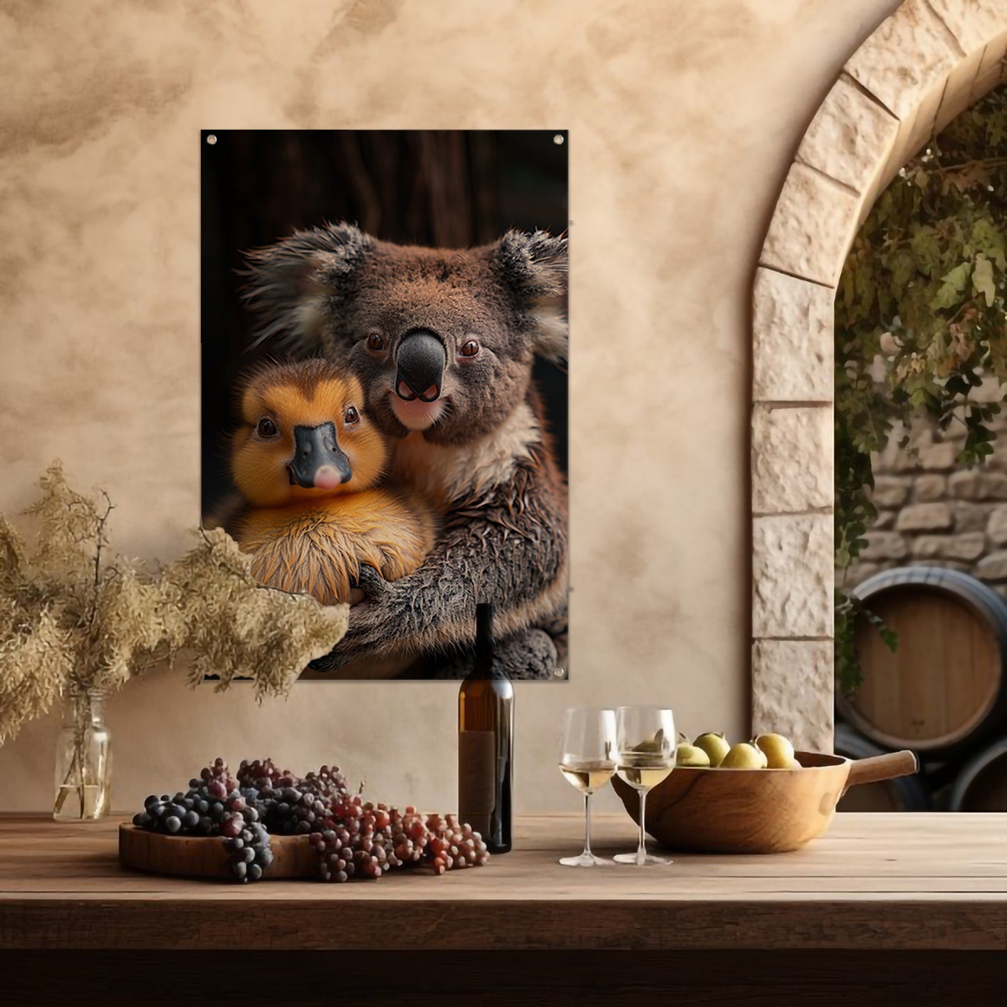 Koala en eend knuffelen in de natuur tuinposter