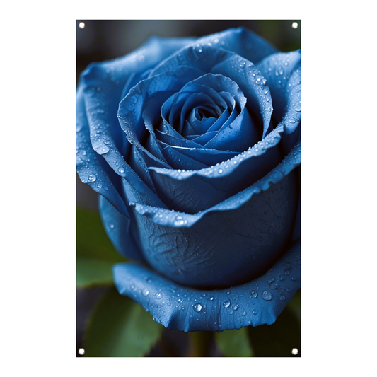 Blauwe roos bedauwd in ochtendlicht tuinposter