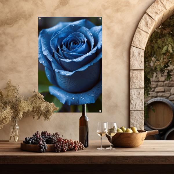 Blauwe roos bedauwd in ochtendlicht tuinposter