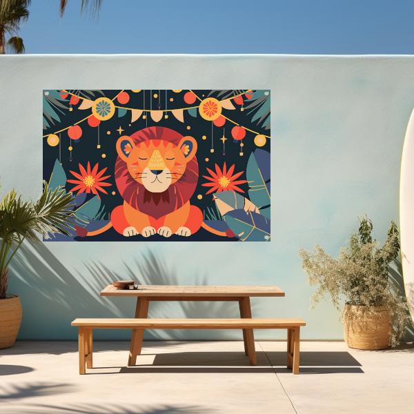 Sterrennacht met leeuw en feestlampen tuinposter