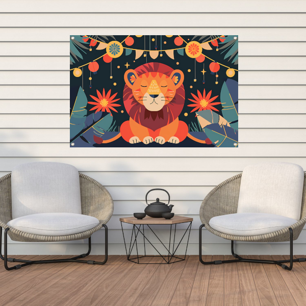 Sterrennacht met leeuw en feestlampen tuinposter