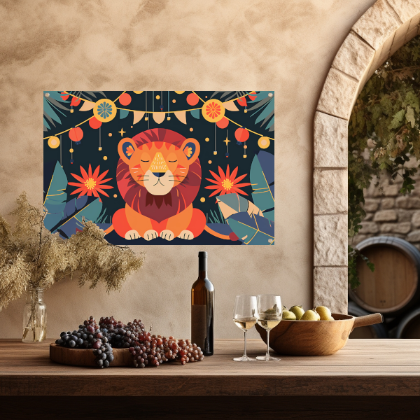 Sterrennacht met leeuw en feestlampen tuinposter