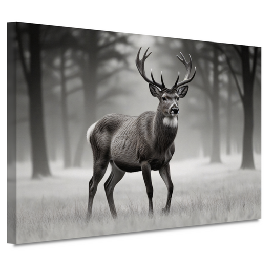 Stilte van het hert in mistig bos canvas