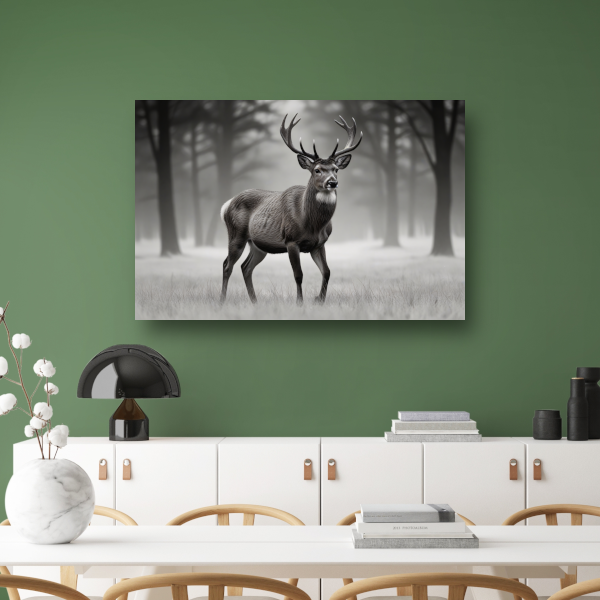 Stilte van het hert in mistig bos canvas