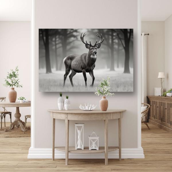 Stilte van het hert in mistig bos canvas