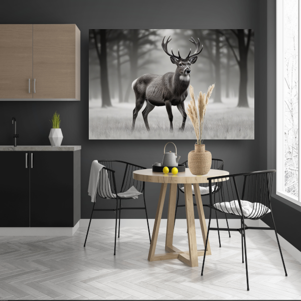 Stilte van het hert in mistig bos canvas