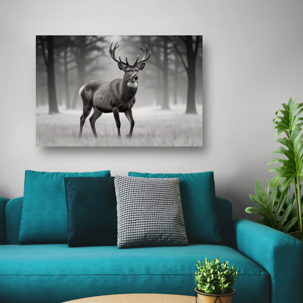 Stilte van het hert in mistig bos canvas