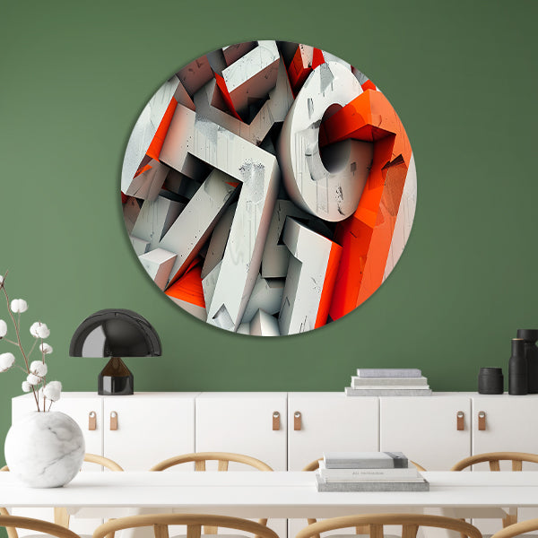 Dynamisch 3D typografie ontwerp met letters aluminium muurcirkel