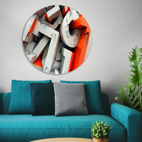 Dynamisch 3D typografie ontwerp met letters aluminium muurcirkel