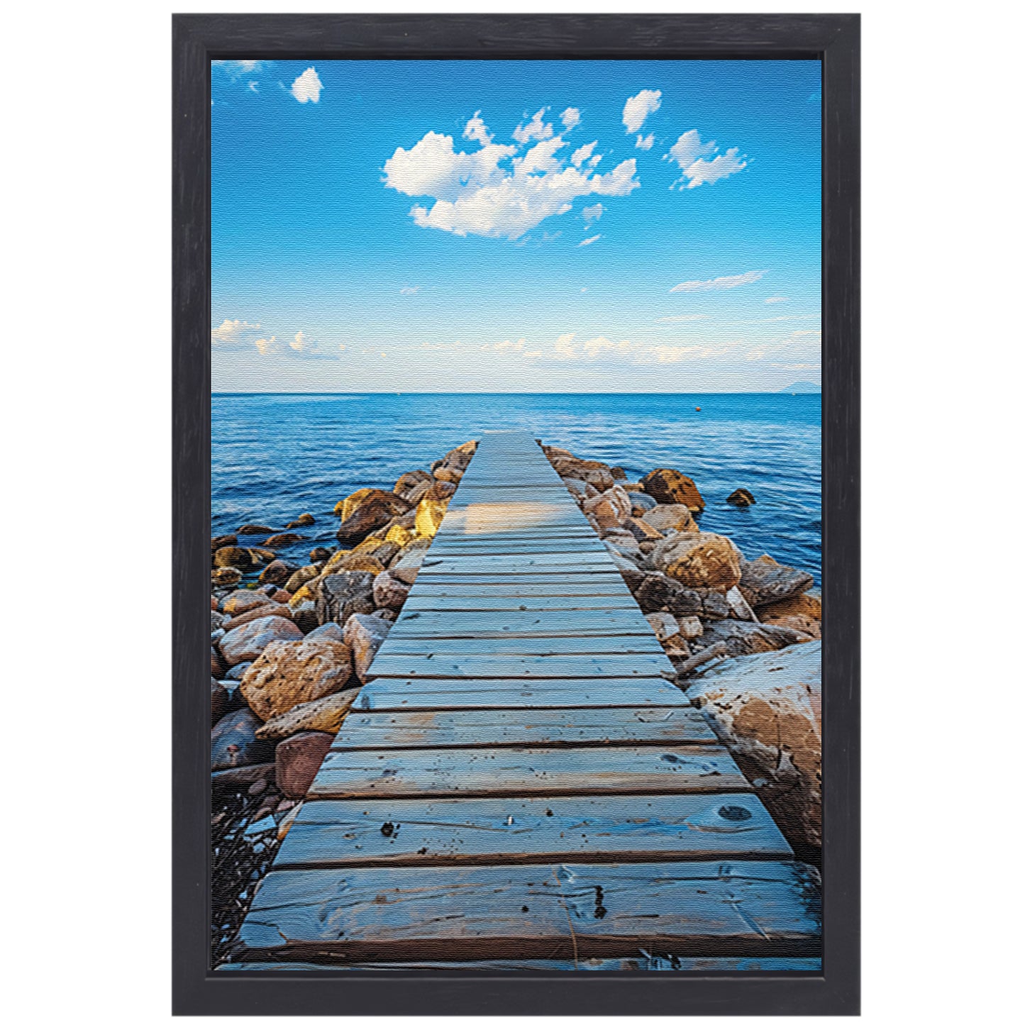 Houten steiger leidt naar serene blauwe zee canvas met baklijst