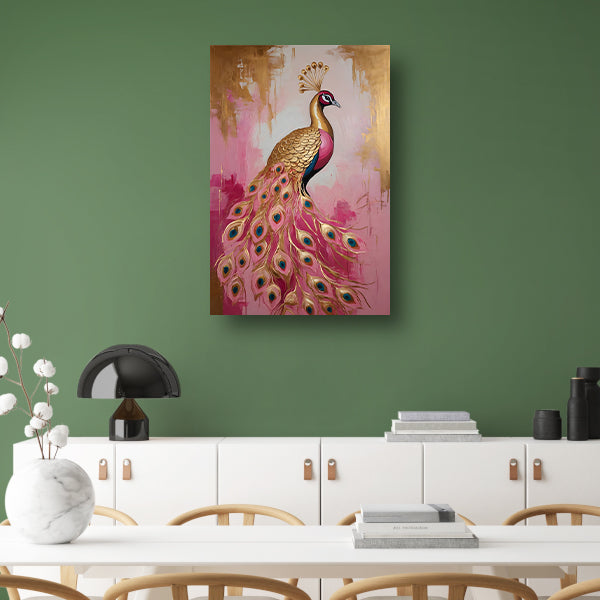 Elegante Gouden Pauw op Roze Achtergrond canvas