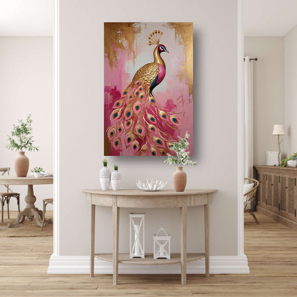 Elegante Gouden Pauw op Roze Achtergrond canvas