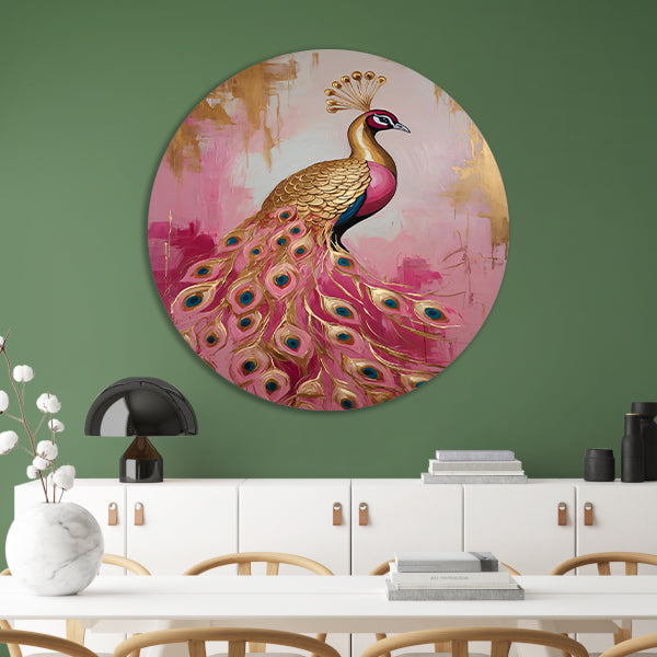 Elegante Gouden Pauw op Roze Achtergrond forex muurcirkel