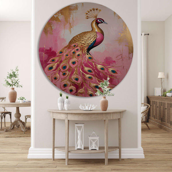 Elegante Gouden Pauw op Roze Achtergrond forex muurcirkel