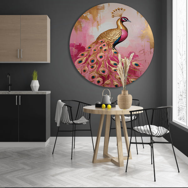Elegante Gouden Pauw op Roze Achtergrond forex muurcirkel