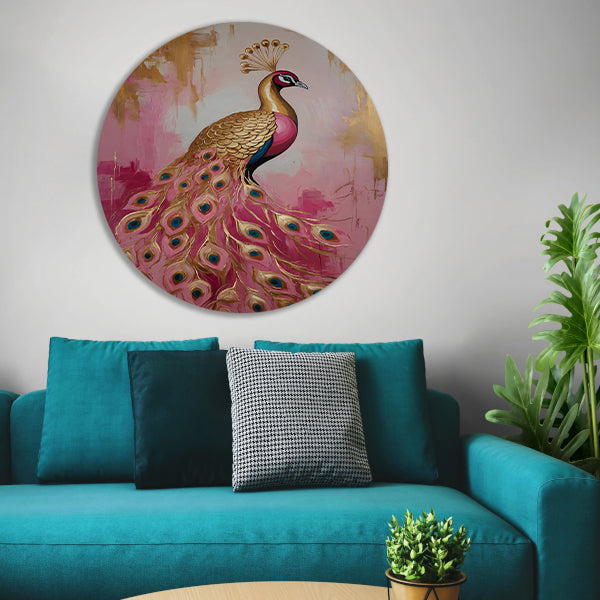 Elegante Gouden Pauw op Roze Achtergrond forex muurcirkel