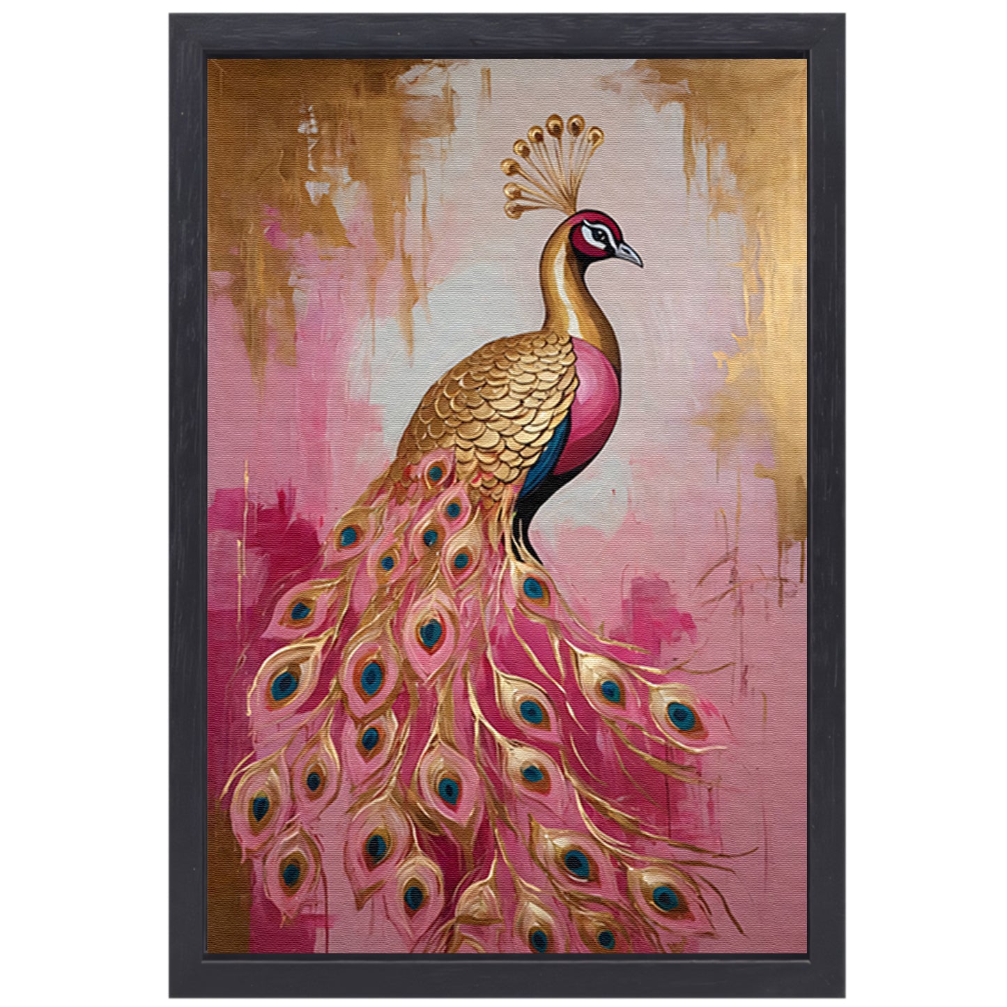Elegante Gouden Pauw op Roze Achtergrond canvas met baklijst