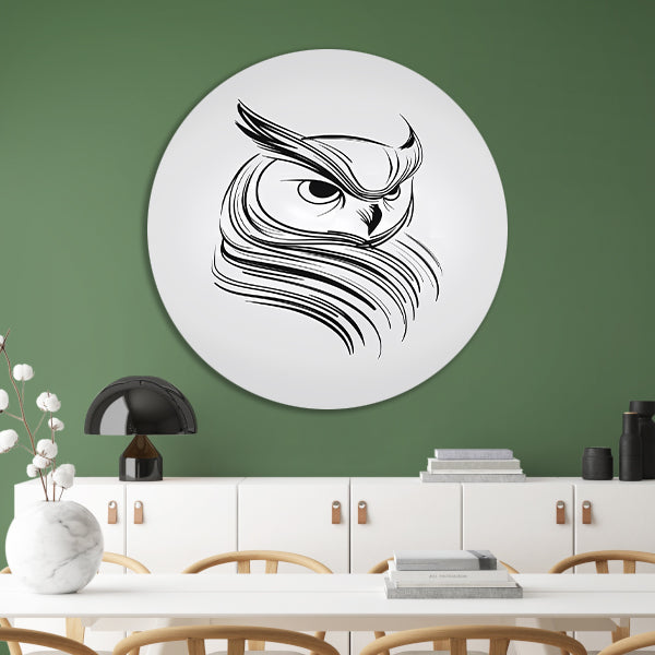 Minimalistische uil in zwart-wit lijnen aluminium muurcirkel