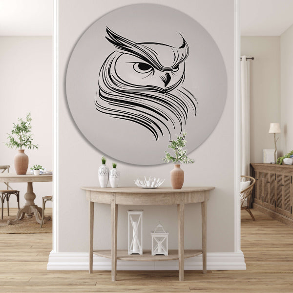 Minimalistische uil in zwart-wit lijnen aluminium muurcirkel