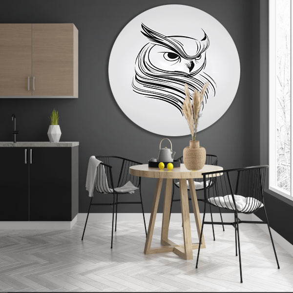 Minimalistische uil in zwart-wit lijnen aluminium muurcirkel