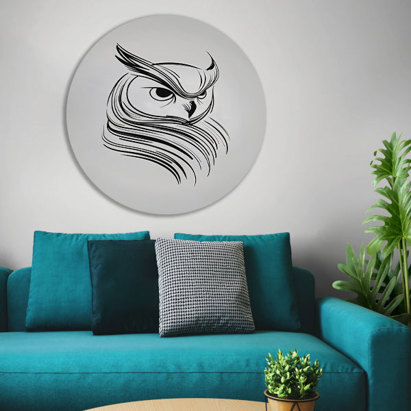 Minimalistische uil in zwart-wit lijnen aluminium muurcirkel