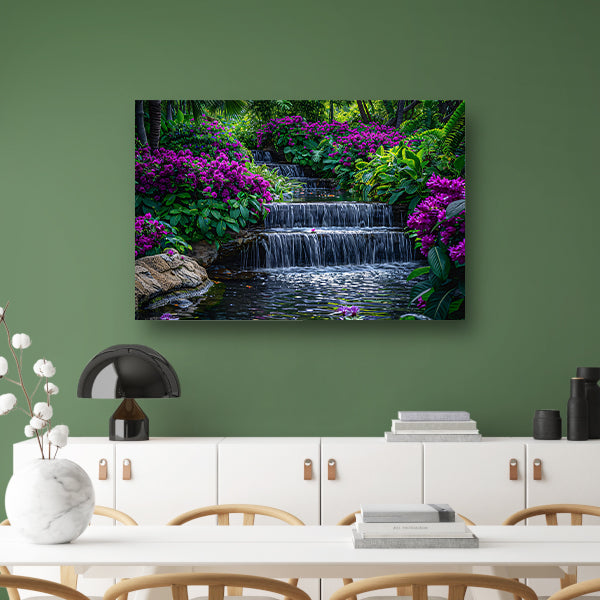 Enchanted garden with colorful flowers and cascading waterfall canvas