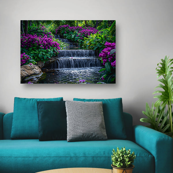 Enchanted garden with colorful flowers and cascading waterfall canvas