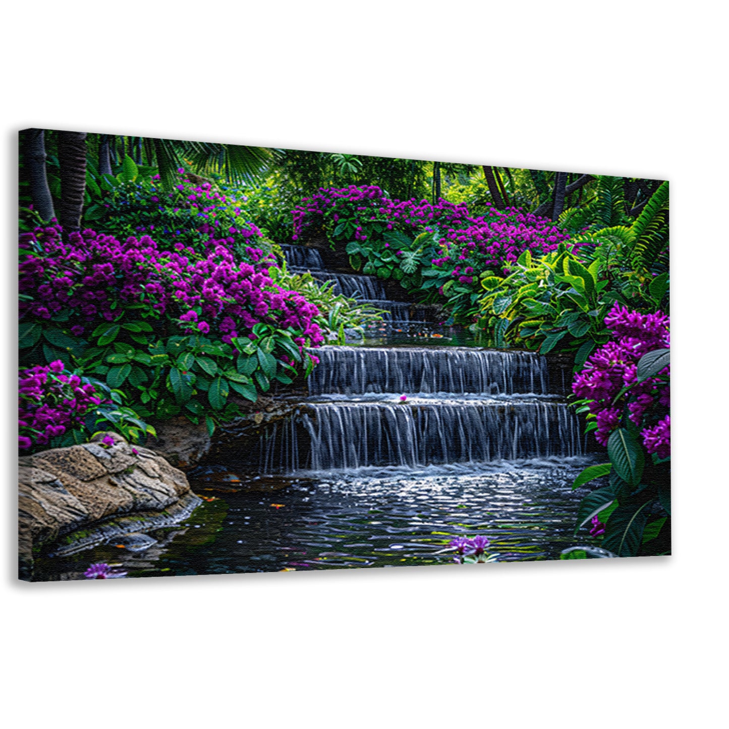 Enchanted garden with colorful flowers and cascading waterfall canvas