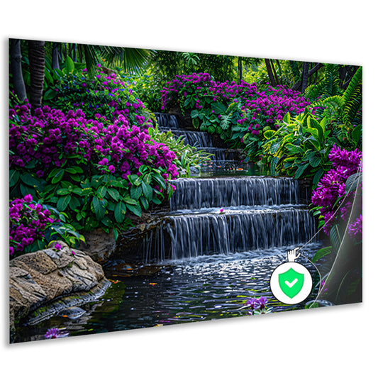 Enchanted garden with colorful flowers and cascading waterfall poster